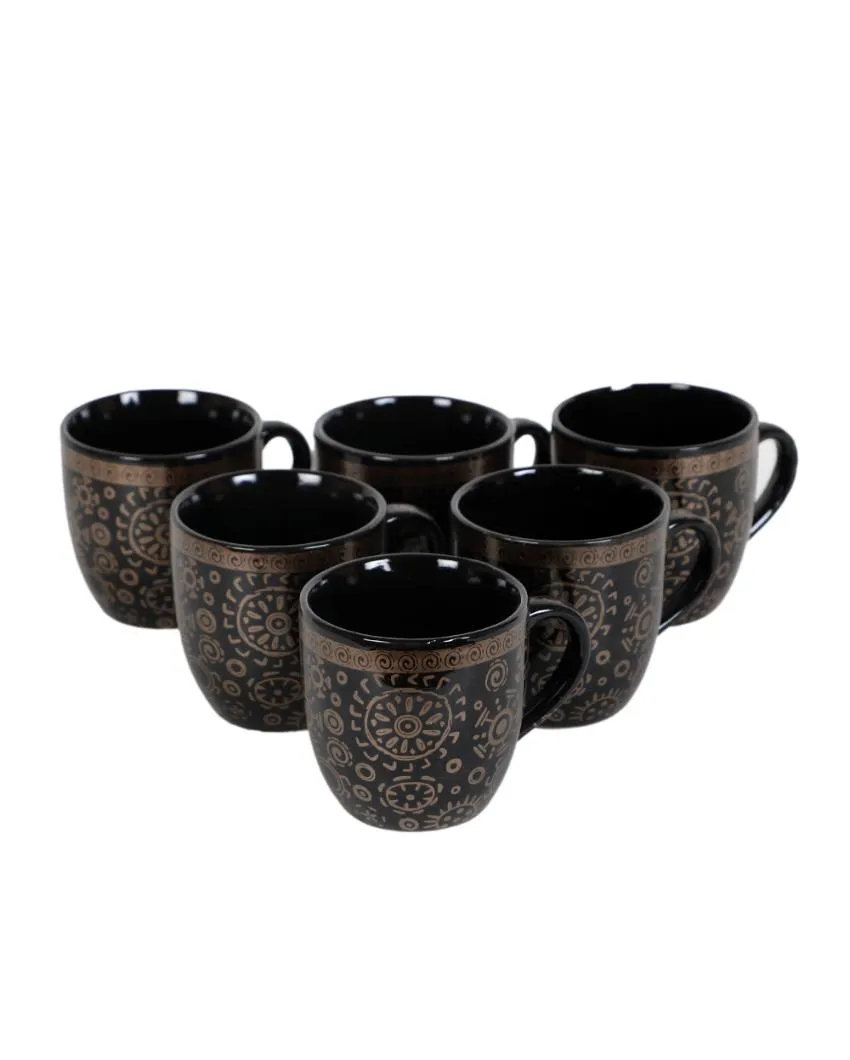 Violeta Black Abstract Print Ceramic Tea Coffee Mugs | 200 ml | Set Of 6