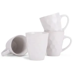 White 12 Ounce Dimpled Glossy Ceramic Set of 4 Mug Set Set